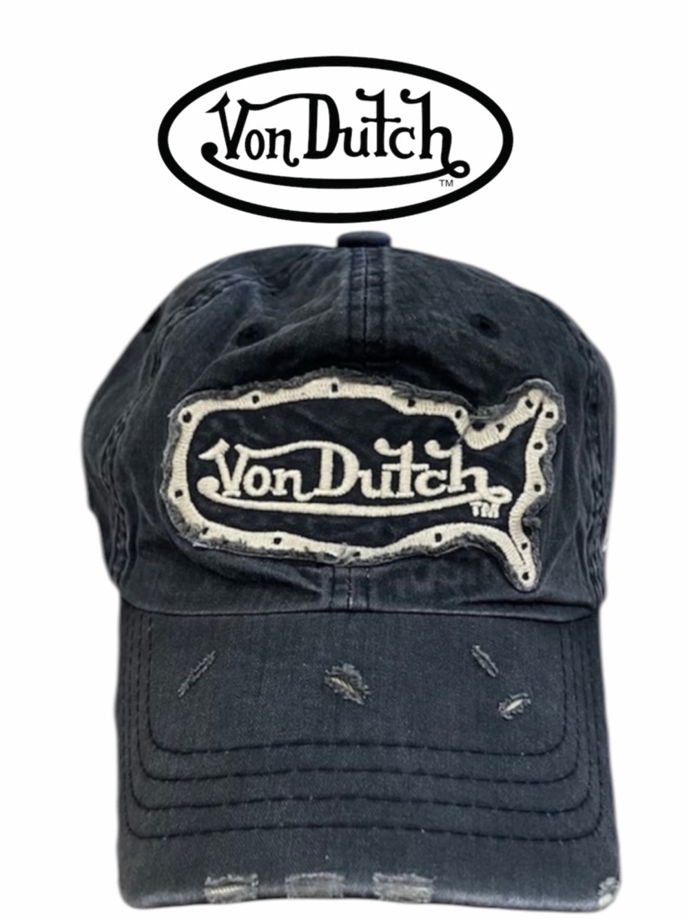 Von Dutch Black Distressed Logo Baseball Hat